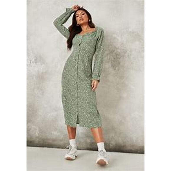 Missguided Women's Button Thru Milkmaid Midi Dress Ditsy Green‎ Size 6 NEW - Picture 4 of 16